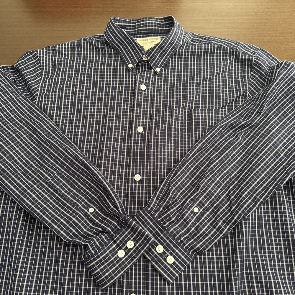 Duluth Trading Co Wrinklefighter Relaxed Fit Navy Blue Plaid Shirt Men's Size XL